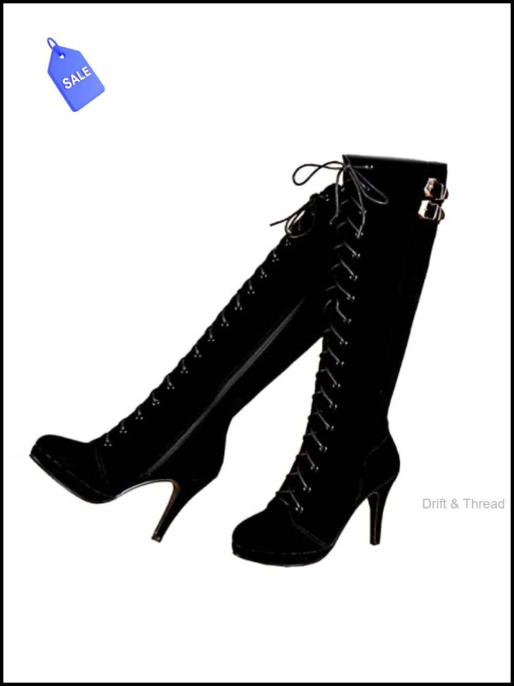Womens Suede Knee High Heel Boots Lace Up Zipped Buckle Pointed Toe